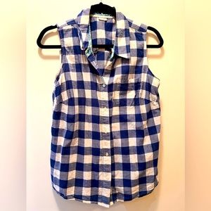 Biden Sleeveless Blue Buffalo Check Button Up Shirt